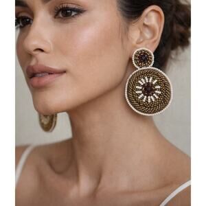 Kay Lee Ivory Gold Beaded Round Earrings New